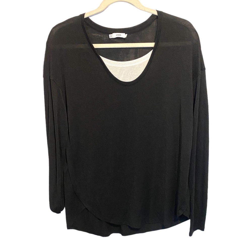 Vince Womens Sz XS Top Black White Long Sleeve Semi Sheer Dropped Shoulder